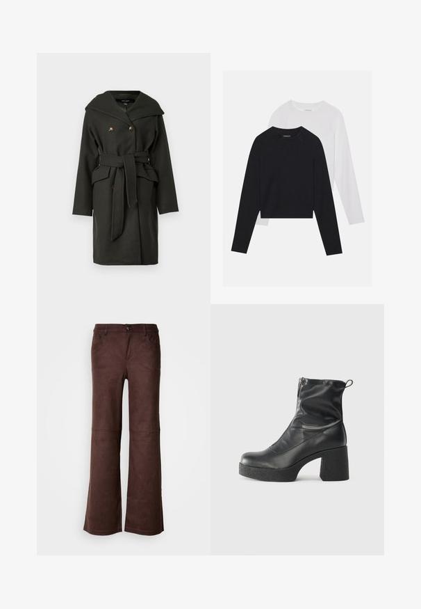 Σκούρο πράσινο διπλόχρωμο παλτό με φαρδύ γιακά, ζώνη στη μέση, μπροστινές τσέπες και κουμπιά σε χρυσό τόνο. Υλικό από βαμβακερό μείγμα με λεία υφή.; Δύο μακρυμάνικες μπλούζες: μία μαύρη και μία λευκή. Και οι δύο διαθέτουν στρογγυλή λαιμόκοψη, ράγκελαν μανίκια και απαλή σύνθεση από βαμβάκι.; Καφέ φαρδιά παντελόνια από μαλακό, υλικό που μοιάζει με σουέτ. Διαθέτουν τέσσερις τσέπες, κουμπί κλεισίματος και λεία, υφασμένη επιφάνεια.; Μαύρες μποτές μέχρι τον αστράγαλο από λείο δέρμα, με πλευρικό φερμουάρ, χοντρό υφασμάτινο τακούνι και στρογγυλή μύτη.