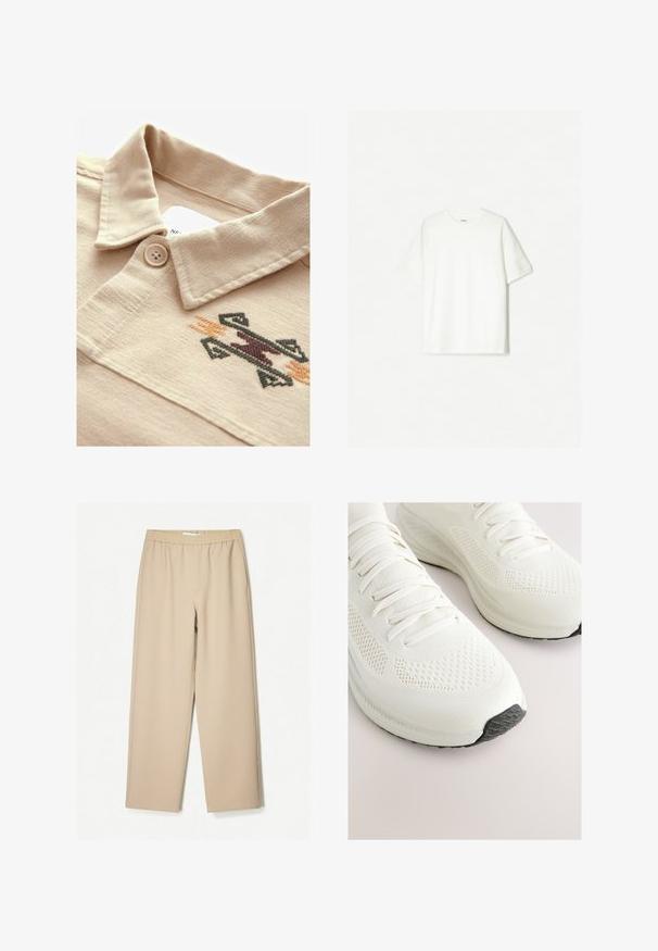 Bež majica polo s teksturiranim materijalom, zatvaranjem na gumbe i višenamjenskim izvezenim geometrijskim uzorkom blizu ovratnika.; Bijela majica kratkih rukava napravljena od mekog pamuka. Dizajn s okruglim izrezom i opuštenim krojem bez vidljivih logotipa ili uzoraka.; Bež hlače širokih nogavica s elastičnim pojasom, izrađene od mekog materijala, s glatkom teksturom i minimalnim šavnim detaljima.; Bijele sportske tenisice s mrežastim i tkanim gornjim dijelom, okruglim vrhom, ravnim vezicama, teksturiranim potplatom i crnim gumenim detaljem na vrhu.