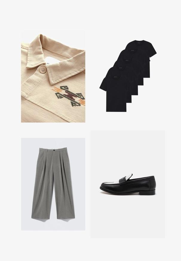 Beige polo shirt med tekstureret stof, en knaplukning og et flerfarvet broderet geometrisk design nær kraven.; Pakke med fem sorte crew-neck T-shirts. Korte ærmer, lavet af bomuld, standart pasform. Glat tekstur uden synlige mønstre eller udsmykninger.; Grå pynte-stribet vide bukser med frontfolder, bæltestropper, sidelommer og en sort knaplukning.; Sort læderloafer med et kontrasterende panel og syninger i hvidt læder. Har en glat overflade og et lavt hældesign.
