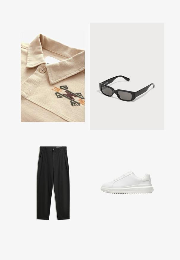 Polo bej cu un material texturat, închidere cu nasturi și un design geometric brodat multicolor aproape de guler.; T-shirt alb din bumbac cu mâneci scurte. Partea din față prezintă text negru: "NU MÂINE NU ASTĂZI" și "ARTA DE A MUDUI" în script verde.; Pantaloni negri din bumbac cu croială lejeră, având un brâu clasic, plii frontale și buzunare laterale. Textură netedă fără modele.; Adidași albi cu un upper sintetic neted, vârf rotund, șireturi plate, talpă texturată și un design pe straturi, oferind un plus de înălțime.; Ochelari de soare dreptunghiulari negri cu lentile fumurii, realizați din plastic neted. Au un design minimalist cu brațe drepte și o marcaj subtil.; Colier din perle albe, cu o formă uniformă și rotundă, suprafață netedă și clapetă metalică cu un lanț de extensie pentru lungime ajustabilă.