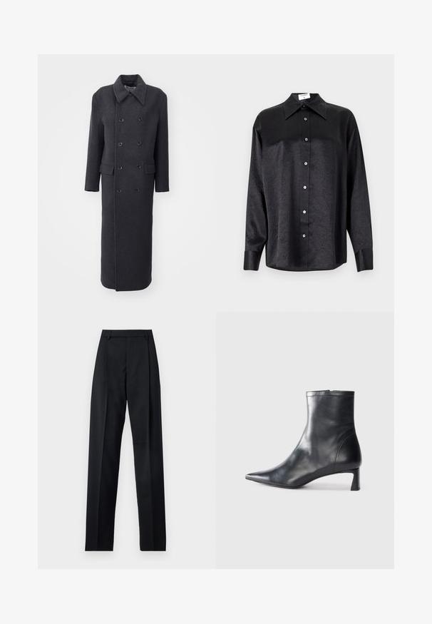 Filippa K DOUBLE BREASTED - Classic coat - anthracite; Black long-sleeve shirt with a collared neckline, featuring a crinkled texture, full button front, and cuffs. Made from a smooth fabric.; Black trousers made from smooth fabric featuring a high waist, wide legs, front pleats, and classic belt loops. No side pockets visible.; Black leather ankle boot with a pointed toe and a sleek design. Features a low heel and a zipper closure at the back. Smooth texture.
