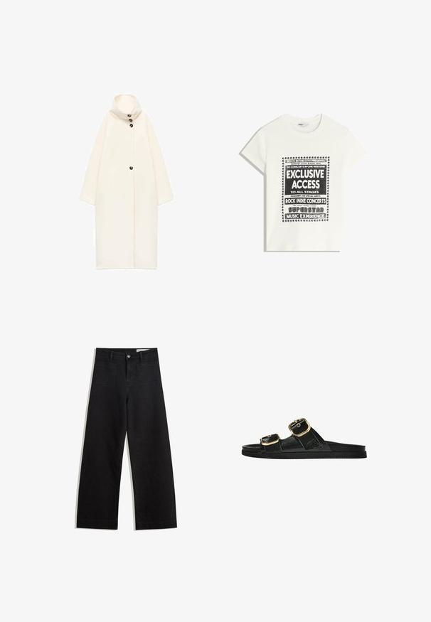 Dlouhý, oversized krémový kabát s vysokým límcem, zapínáním na knoflíky vpředu a krátkými rukávy. Vyrobeno z měkké, strukturované tkaniny. Jednoduchý design.; Bílý tričko s černým textem propagující hudební akci, obsahující "Exkluzivní přístup", "Rockové indie koncerty" a "Superstar hudební zážitek."; Černé denimové kalhoty s volným střihem a vysokým pasem, vybavené předními a zadními kapsami, prošívanými švy a knoflíkovým zapínáním. Hladká textura.; Černé kluzné sandály s dvěma zlatými sponami, hladkým texturovaným materiálem, plochou podrážkou a minimalistickým designem.