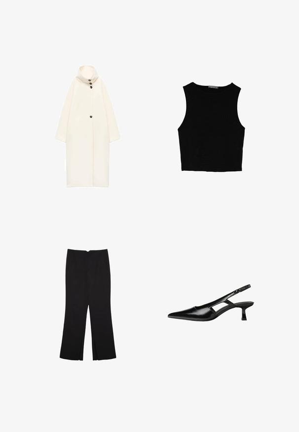 Langer, übergroßer cremefarbener Mantel mit hohem Kragen, Knopfverschluss vorne und kurzen Ärmeln. Hergestellt aus weichem, strukturiertem Stoff. Einfaches Design.; Schwarzes ärmelloses Crop-Top aus glattem Stoff, mit rundem Ausschnitt und einem klaren, schlichten Design ohne Muster oder Beschläge.; Schwarze Hose mit geradem Schnitt, ausgestattet mit Fronttaschen und Seitenschlitzen am Saum. Hergestellt aus weichem, glattem Stoff. Geeignet für verschiedene Anlässe.; Schwarze Lackleder-Slingback-High Heels mit spitzer Zehenform, ausgeschnittenem Seitendesign und kleinem Blockabsatz. Glatte Textur mit minimalen Akzenten.