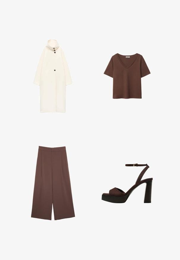 Pitkä, ylisuuria kerma väri takki, jossa on korkea kaulus, edessä napitus ja lyhyet hihat. Valmistettu pehmeästä, tekstuurisesta kankaasta. Yksinkertainen muotoilu.; Ruskea puuvillapaita, jossa on lyhyet hihat ja syvä V-kaula-aukko. Yksinkertainen muotoilu, pehmeä rakenne ja suora helma. Ei kuvioita tai yksityiskohtia.; Ruskeat leveälahkeiset housut, joissa on sileä pinta, korkea vyötärö ja etupleat. Kangas on kevyttä ja laskeutuu väljänä.; Ruske kožne sandale s visokom potpeticom, otvorenim prstima, podesivim kopčanjem oko gležnja i prugastim platformskim đonom.