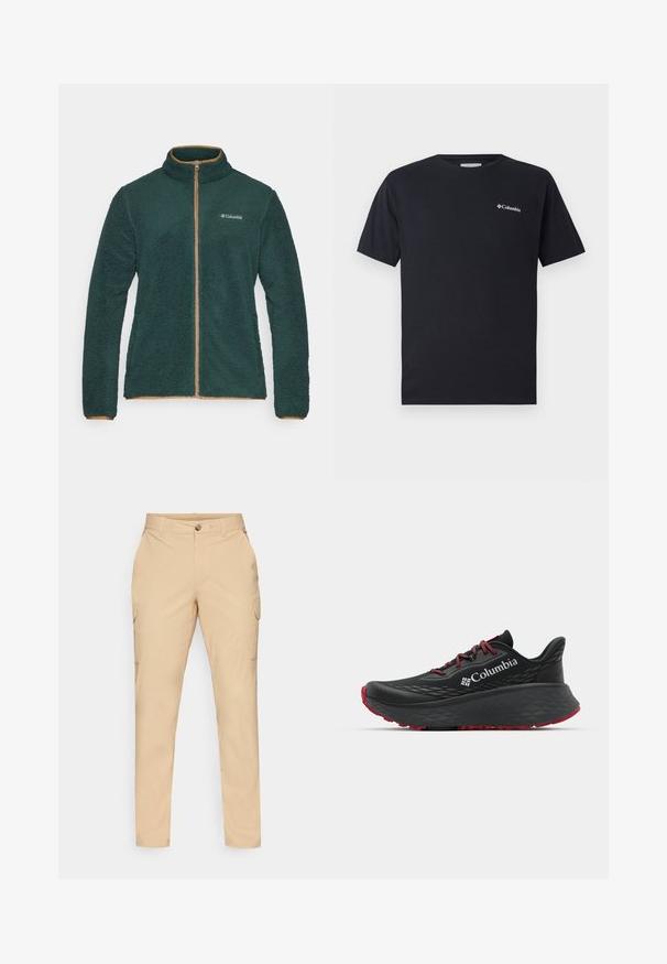 Columbia RUGGED RIDGE™ III FULL ZIP - Jakna od flisa - spruce/delta; Crna kratki rukav majica od pamuka, s malim bijelim Columbia logotipom na lijevoj strani prsnog područja. Klasičan okrugli izrez i opušteni kroj.; Bež cargo hlače sa zatvaranjem na dugme, uskog kroja, bočnim džepovima i glatkom mješavinom pamuka. Nema vidljivih uzoraka ili akcenata.; Crne sportske cipele s teksturiranim gornjim dijelom, crvenim vezicama i logom. Debeli đon s uzorkom za prianjanje. Minimalistički dizajn, bočni prikaz.