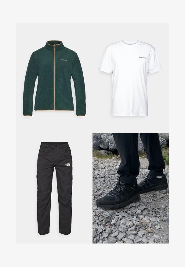 Columbia RUGGED RIDGE™ III ciemnozielony; Biała bawełniana koszulka z krótkim rękawem, okrągłym dekoltem i małym czarnym logo Columbia po lewej stronie klatki piersiowej. Miękki, prosty design.; Czarne spodnie cargo wykonane z lekkiego materiału. Posiadają zamknięte na zamek boczne kieszenie oraz logo na lewym udzie. Prosty krój nogawki.; Czarne buty outdoorowe wykonane z siateczki i materiału syntetycznego, z fakturowaną cholewką, zabezpieczonym systemem sznurowania i solidną podeszwą, na skalistym terenie.