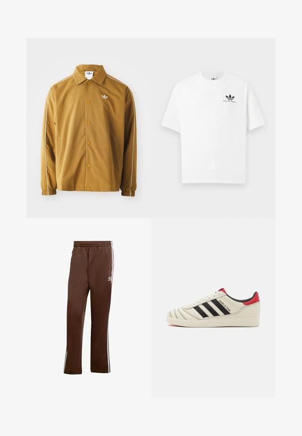 Καφέ πολυεστερικό μπουφάν με κλασικό γιακά, κουμπιά με κλικ, ελαστικά μανίκια, λευκές κάθετες ρίγες και κεντητό λογότυπο στο στήθος.; Λευκό βαμβακερό μπλουζάκι με κοντά μανίκια, που διαθέτει το μαύρο λογότυπο "BASKETBALL" και την εμβληματική τριπλή ρίγα μπροστινά.; Καφέ αθλητικό παντελόνι από λείο ύφασμα, με λευκές πλευρικές ρίγες και ελαστική μέση. Περιλαμβάνει τσέπες και στις δύο πλευρές.; Κρέμ δερμάτινα αθλητικά παπούτσια με μαύρες ρίγες, κόκκινες λεπτομέρειες στη φτέρνα και υφασμάτινες επιφάνειες. Διαθέτουν καουτσούκ σόλα και κούμπωμα με κορδόνια.