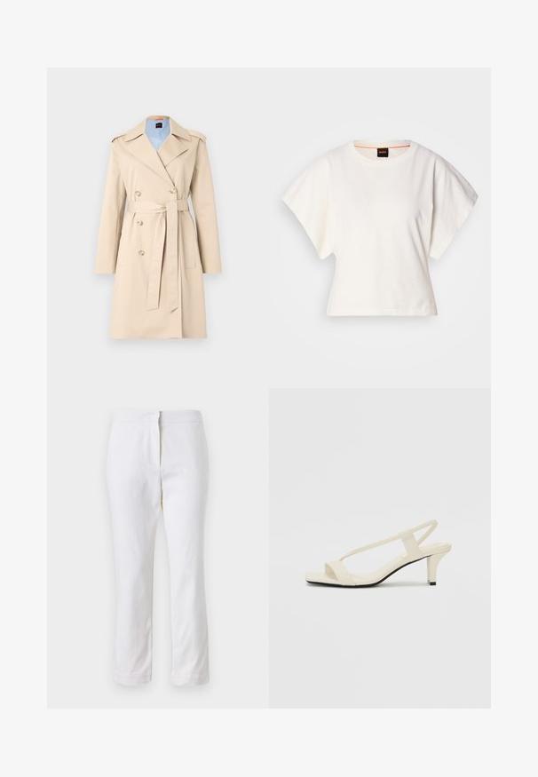 BOSS Trenchcoat - open beige; White cropped T-shirt, short wide sleeves, soft cotton material, round neckline with subtle orange trim, minimal design, no patterns or graphics.; White cotton pants with a straight leg design, featuring a mid-rise waist and no visible hardware or patterns. Smooth texture throughout.; Beige block-heeled sandals with thin straps and a square toe. Smooth material with minimal detailing, designed for easy wear.