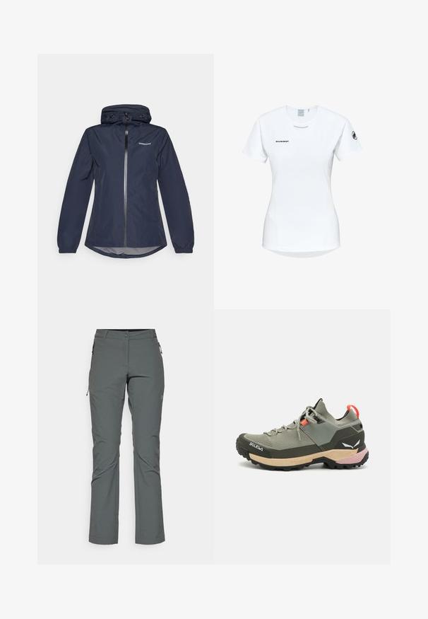 Marinblå vattentät jacka med dragkedja fram, justerbar huva, elastiska ärmslut och rundad nederkant. Har logotypen på vänster bröst.; Kortärmad vit träningsskjorta med rund halsringning, försedd med en logotyp på bröstet och en slät, lätt tygkvalitet.; Grå utomhusbyxor i lätt, texturerad tyg; har dragkedjefickor och en figurnära design med raka ben.; Lättviktsgrön vandringssko med mesh- och gummimaterial, svart yttersula för bra grepp, rosa och orange detaljer samt förstärkt tåhätta.
