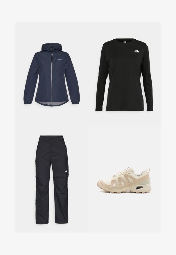 Tengerészkék vízálló dzseki, elől cipzárral, állítható kapucnival, elasztikus mandzsettákkal és ívelt hemgel. A bal mellkason található a logó.; Fekete, hosszú ujjú póló pamutból, kerek nyakkal. A bal mellrészen egy kis fehér logó található. Egyszerű dizájn és szabás.; Fekete nylon zipzáras cargo nadrág állítható mandzsettával, több zsebbel és logóval a jobb lábon. Simább, könnyű textúra.; Beige és krém színű sportcipő, texturált hálós felsőrésszel, támogató burkolattal és gumitalppal, amely tapadás érdekében bordázott mintázattal rendelkezik.