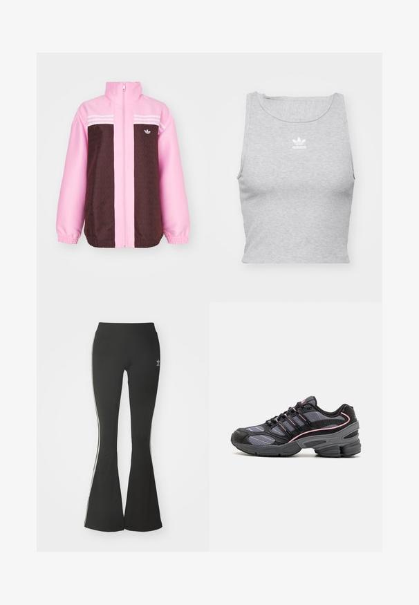 adidas Originals Skraistė - true pink; Pilkas, be rankovių, trumpas viršus, pagamintas iš minkštos medžiagos, su apvaliu kaklu ir mažu baltu "Adidas" logotipu ant krūtinės.; Juodos flaringo tipoLegginsai pagaminti iš elastingos medžiagos, turintys aukštą juosmenį ir baltas šonines juostas. Pridedama maža logotipas ties juosmeniu.; Juodai ir pilki sportiniai bateliai su tinklelio detalėmis, rožinėmis akcentų linijomis ir masyviu padu. Apima raištelius ir tekstūruotą medžiagos apdailą.