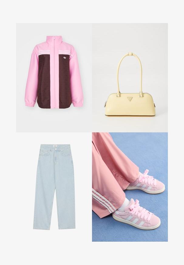 adidas Originals Jachetă de vară - true pink; Țesătură bej deschis cu un manșon pliat, evidențiind o textură netedă și un aspect moale, subliniind simplitatea și eleganța sa.; Jeans largi de culoare albastră deschisă, din denim, cu talie medie, cinci buzunare și închidere cu buton având un accent metalic subțire.; Pantofi sport roz cu dungi albastre deschise, vârf rotund și șireturi groase roz, asortați cu pantaloni de trening roz, având dungi albe pe lateral.; Geantă din piele patentasă galbenă, cu o formă rotunjită, cu un singur mânere superior și un placaj cu logo argintiu. Are un închidere cu fermoar și o textură netedă.
