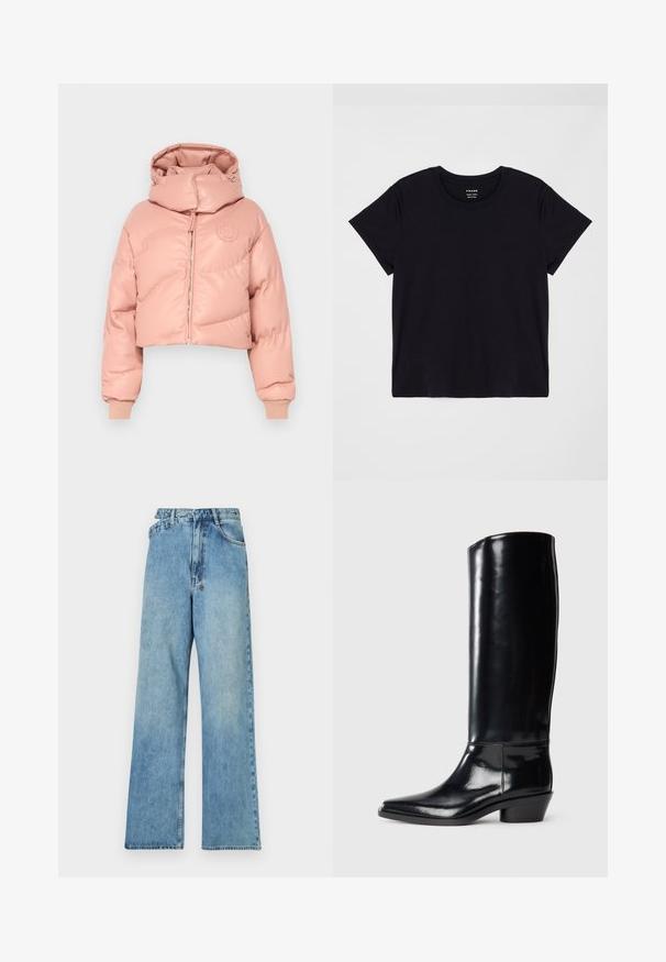 Geacă puffer roz, scurtă, cu guler înalt, închidere cu fermoar, manșete ribbate și un finisaj texturat. Prezintă un logo pe piept.; Tricou scurt, negru, din bumbac moale. Design clasic cu guler rotund, cu o suprafață simplă, neimpodobită și o croială lejeră.; Jeans largi din denim de un albastru deschis, cu talie medie, cinci buzunare și închidere cu buton, având accesorii metalice și un finisaj uzat.; Cizme negre din piele patentată, până la genunchi, cu vârf ascuțit și un toc mic, de tip stivuit, având o textură netedă și cusături minime.