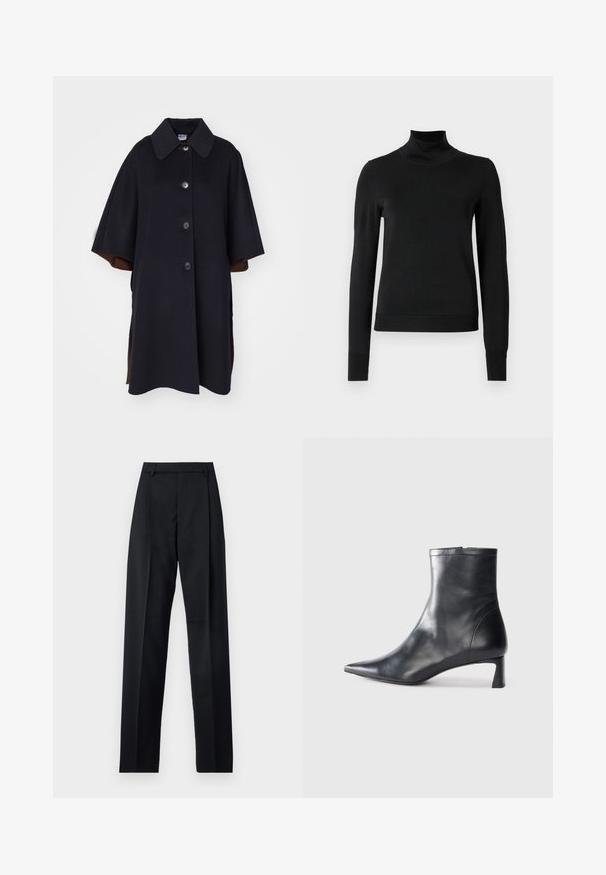 Cappotto in misto lana nero con ampio colletto, dotato di chiusura frontale a bottoni e maniche corte. Le fessure laterali rivelano un rivestimento marrone.; Pullover nero a maniche lunghe con collo alto, rifinito con polsini e orlo a coste, mostrato su uno sfondo bianco semplice.; Pantaloni neri realizzati in tessuto morbido, caratterizzati da vita alta, gambe larghe, pince frontali e classiche passanti per cintura. Non ci sono tasche laterali visibili.; Stivaletto in pelle nera con punta affusolata e design elegante. Presenta un tacco basso e una chiusura con zip sul retro. Texture liscia.