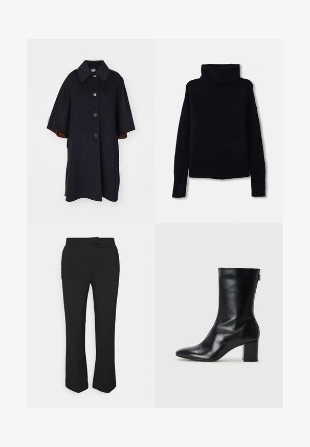 Cappotto in misto lana nero con ampio colletto, dotato di chiusura frontale a bottoni e maniche corte. Le fessure laterali rivelano un rivestimento marrone.; Maglione nero, spesso, a maglia grossa con un alto colletto a costine e maniche lunghe. Texture morbida, orlo dritto e senza motivi o decorazioni visibili.; Pantaloni neri su misura con design a gamba dritta, dotati di passanti per cintura e tasche laterali. Realizzati in tessuto liscio con una finitura pulita.; Stivale alla caviglia in pelle nera con punta affusolata e tacco a blocco di 4 cm. Design elegante con cerniera laterale per una facile calzata. Tessuto liscio.