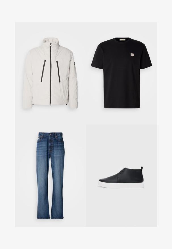 Balta paminkštinta striukė su aukštu apykakle, dviem užtrauktukais uždaromomis priekinėmis kišenėmis ir juodomis užtrauktukų detalėmis. Turinti sraigtinį, struktūrizuotą dizainą.; Juodas medvilnės marškinėliai su trumpomis rankovėmis, apvaliu kaklu ir mažu siuvinėtą logotipu kairėje krūtinės pusėje. Lygi tekstūra, reguliaraus kirpimo.; Mėlynos džinsinės kelnės su aukštu liemeniu, platėjančiomis kojomis, penkių kišenių dizainu ir tonuotu siuvimu. Yra mygtukų užtrauktukas ir niežai kišenės.; Juodi odiniai aukšti sportbačiai su lygia apdaila, balta guma padu ir paprastu raištelių dizainu. Gale yra įtempimo juostelė.