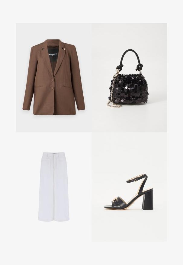 Hnedý blejzer s prispôsobeným strihom, ktorý má klopový golier, dva predné gombíky a dekoratívne zlaté kovanie na pleciach.; Biely croptop vyrobený z hladkej bavlny, s vysokým výstrihom a krátkymi rukávmi. Malé vyšívané logo v dolnom rohu.; Biele široké nohavice s hladkým povrchom, so 2 prednými vreckami a zapínaním na gombík, navrhnuté pre pohodlné nosenie.; Čierne sandále na podpätku vyrobené z hladkej kože, s rovnym prstom, remienkom okolo členka a zlatým akcentom na prednej strane.; Čierna mini kabelka so štrasom, s uzlovým textúrovaným popruhom a strieborným reťazom. Guľatý tvar s riaseným vrchom a reflexnými detailmi.