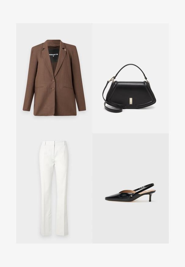 Rudas švarkas su pritaikyta konstrukcija, turintis notch tipo atlapus, dvi priekines sagas ir dekoratyvius auksinius akcentus pečių srityje.; Juodas medvilninis marškinėliai su apvalia iškirpte, trumpomis rankovėmis ir siuvinėjimu ant krūtinės. Paprastas, laisvas siluetas be raštų.; Baltos pritaikytos kelnės su platėjančiomis apačiomis, turinčios priekinius raukšles ir lygų paviršių, pagamintos iš lengvos medžiagos.; Juodas patentuotas odinis slingback batelis su smailiu nosimi, mažu kulniuku ir išpjovimais ant priekinės dalies. Auksinės spalvos detalės ant šono.; Juoda odinė rankinė su struktūrizuotu dizainu, turi trumpą formą, viršutinę rankeną ir auksinius akcentus. Pridėtas reguliuojamas peties diržas.