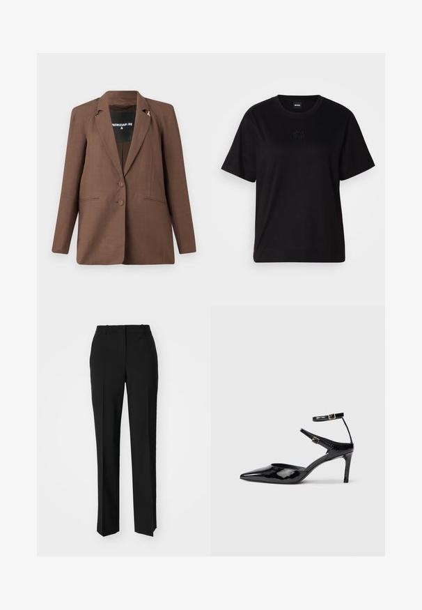 Καφέ σακάκι με κομψό σχέδιο, διαθέτοντας φιόγκο με αυλακώσεις, δύο εμπρός κουμπιά και διακοσμητικές χρυσές λεπτομέρειες στους ώμους.; Μαύρο βαμβακερό μπλουζάκι με στρογγυλή λαιμόκοψη, κοντά μανίκια και κεντημένο λογότυπο στο στήθος. Απλή, χαλαρή γραμμή χωρίς σχέδια.; Μαύρο παντελόνι με ραφή που έχει σχεδιασμό ίσιας γραμμής, διαθέτει λεία υφή και καθαρές πτυχώσεις κατά μήκος της μπροστινής πλευράς. Χωρίς ορατό μεταλλικό υλικό.; Μαύρα παπούτσια με λουστρίνι δέρμα, με μυτερή μύτη, ρυθμιζόμενα λουράκια στον αστράγαλο και λεπτό τακούνι. Λεπτή υφή με γυαλιστερό φινίρισμα.
