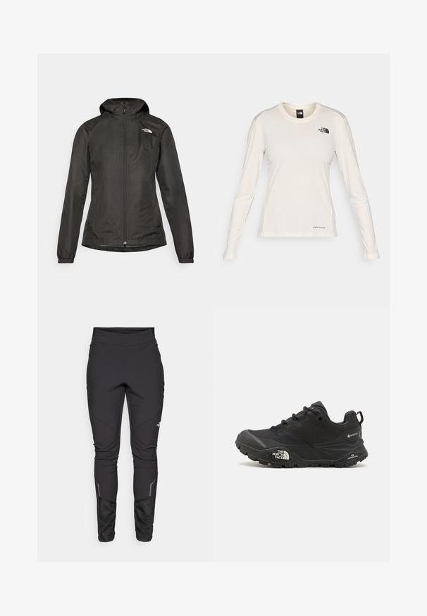 Giubbotto a vento nero con cappuccio, chiusura frontale con zip, polsini elasticizzati e un piccolo logo sulla parte superiore sinistra del petto. Tessuto liscio e resistente all'acqua.; The North Face SHADOW LONG SLEEVE - Maglietta a manica lunga - white dune; Pantaloni neri outdoor caratterizzati da un design aderente, un tessuto resistente, dettagli riflettenti e cuciture a pannello per una maggiore mobilità e comfort.; Scarpa da trekking nera con una tomaia texturizzata, chiusura con lacci e una suola di gomma spessa che presenta un logo prominente sul lato e disegni del battistrada.