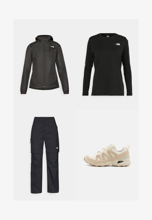 Black windbreaker jacket with a hood, zip front, elastic cuffs, and a small logo on the upper left chest. Smooth, water-resistant fabric.; Black long-sleeve t-shirt made of cotton with a round neck. Features a small white logo on the left chest area. Simple design and fit.; Black nylon zip-off cargo trousers with adjustable cuffs, multiple pockets, and a logo on the right leg. Smooth, lightweight texture.; Beige and cream athletic shoe with textured mesh upper, supportive overlays, and rubber outsole featuring a tread pattern for traction.