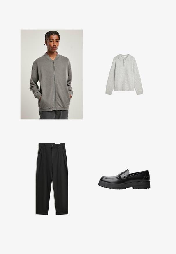 Gray zip-up sweatshirt featuring a ribbed collar, long sleeves, and side pockets, made of soft fabric with a smooth texture.; Gray knit pullover with a collared neck, three front buttons, and ribbed hem. Fabric appears soft and textured, with a relaxed fit.; Black cotton trousers with a relaxed fit, featuring a classic waistband, front pleats, and side pockets. Smooth texture without patterns.; Black leather loafer with chunky treaded sole and decorative strap across the upper, shown in left side profile on white background.