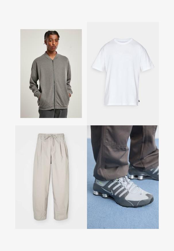 Grå zip-up sweatshirt med ribbet krave, lange ærmer og sidelommer, lavet af blødt stof med en glat tekstur.; Hvid bomulds T-shirt med korte ærmer og rund hals. Har et lille, diskret Nike-logo på brystet og et sidelabel.; Beige, lette bukser med elastisk talje og snor. Har plisseringer og en løs pasform, lavet af blødt, glat stof.; Grå og sølv Nike Shox sneakers har et slankt design med mesh og syntetiske materialer, en rund tå og en polstret krave.
