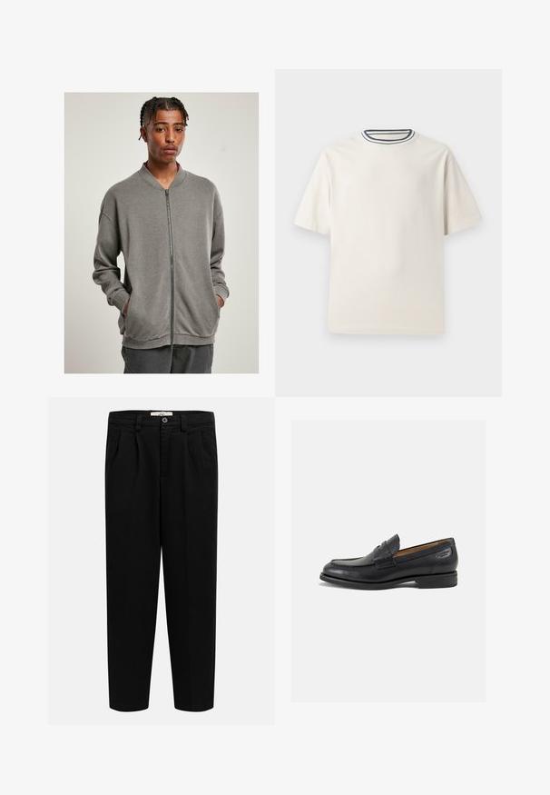 Grijze zip-up sweatshirt met een geribbelde kraag, lange mouwen en zijzakken, gemaakt van zachte stof met een gladde textuur.; Crème-kleurige katoenen t-shirt met korte mouwen, met een ronde halslijn die is accentueerd met marineblauwe en witte strepen. Soepele textuur, ontspannen pasvorm.; Zwarte, recht gesneden broek met een hoge taille, riemlussen, voorplooien, zijzakken en een knoopsluiting in de tailleband.; Zwarte leren loafers met een gladde afwerking, ronde neus en decoratieve stiksels op de wreef. Lage gestapelde hak en een lichte glans.