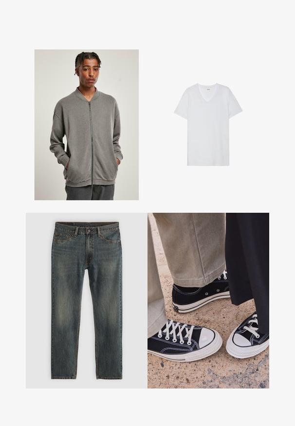 Szara bluza rozpinana z ribbowanym kołnierzem, długimi rękawami i bocznymi kieszeniami, wykonana z miękkiego materiału o gładkiej teksturze.; Biała koszulka z krótkim rękawem o dekolcie w serek, gładka tekstura, lekki materiał i dyskretne logo blisko kołnierza.; Niebieskie dżinsy o prostym kroju nogawki, z klasycznym pięciopocketowym stylem, akcentami w postaci przeszyć oraz lekko wyblakłym wykończeniem.; Czarne płócienne trampki z białymi gumowymi czubkami i sznurówkami. Kontrastowe przeszycia i metalowe oczka dodają szczegółów. Noszone z beżowymi spodniami i czarnym materiałem.