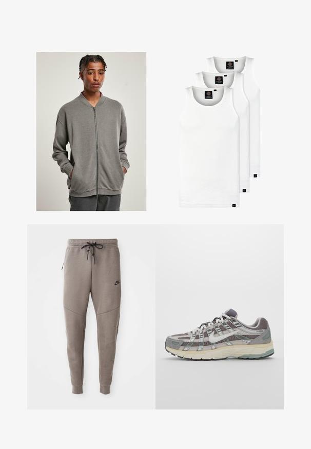 Grå zip-up sweatshirt med ribbet krave, lange ærmer og sidelommer, lavet af blødt stof med en glat tekstur.; Tre hvide ribbede tanktops lavet af bomuld. Har en rund hals og små sorte mærker nær sømmen. Fås i flere størrelser.; Grå Nike joggingbukser med snoretræk i taljen, tapered ben, sidelommer og markante sømdetaljer. Blødt, struktureret stof.; Grå sportssko med overdel i mesh og ruskind, hvide accenter, en polstret sål og et særpræget design med reflekterende elementer.