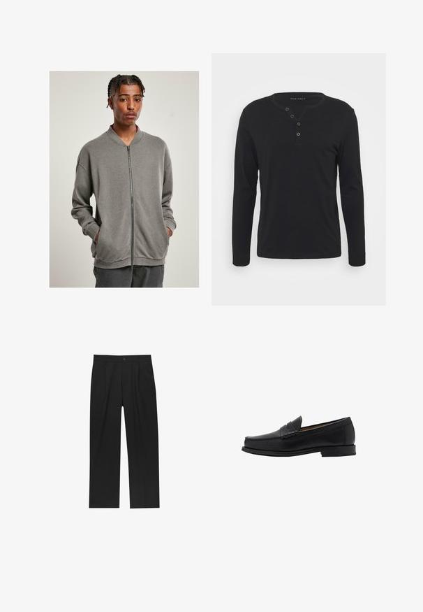 Grå zip-up sweatshirt med ribbet krave, lange ærmer og sidelommer, lavet af blødt stof med en glat tekstur.; Sort langærmet henley skjorte lavet af blødt stof, med en knaplukning, rund halsudskæring og tætsiddende ærmer.; Sorte bukser med lige ben, lavet af et glat stof. Har frontfolder og en enkelt knaplukning i taljen.; Mango Business loafers - black