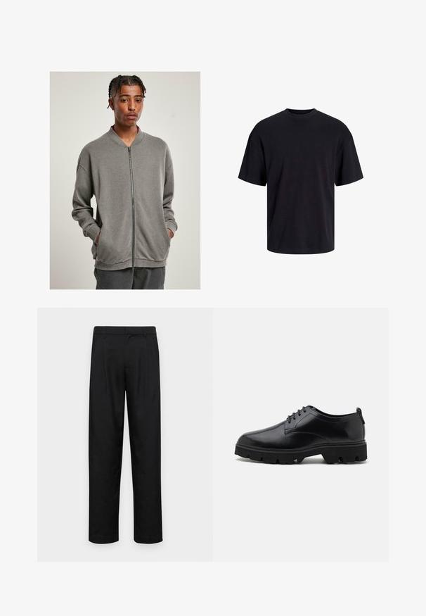 Grå zip-genser med ribbet krage, lange ermer og sidelommer, laget av myk stoff med en glatt tekstur.; Svart bomull t-skjorte med rund hals, korte ermer og en avslappet passform. Glatt tekstur uten synlige mønstre eller detaljer.; Sorte bukser laget av glatt stoff, med rette ben, to frontfoldninger og standard liv med beltehemper.; Sorte lærersko med en glatt overflate, snøring, og tykk, robust gummisåle med dype spor for grep.