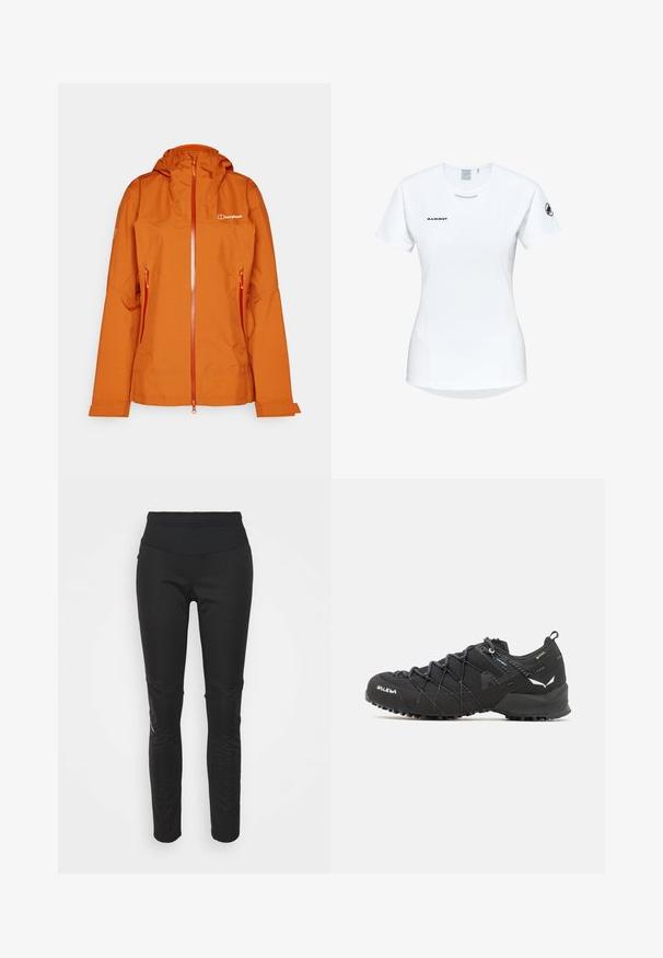 Orange vandtæt jakke med hætte, frontlynlås og to sidelommer. Har en glat overflade og brandlogoet på brystet.; Kortærmet hvid sportsshirt med rund hals, prydet med et logo på brystet og en glat, let stofstruktur.; Sorte atletiske leggings med høj talje, glat tekstur, logo-detalje og sidelæns paneler for ekstra visuel interesse.; Sorte vandresko med en tekstureret stofoverdel, snøresystem og robust gummisål. Accenteret med reflekterende detaljer og logoer.