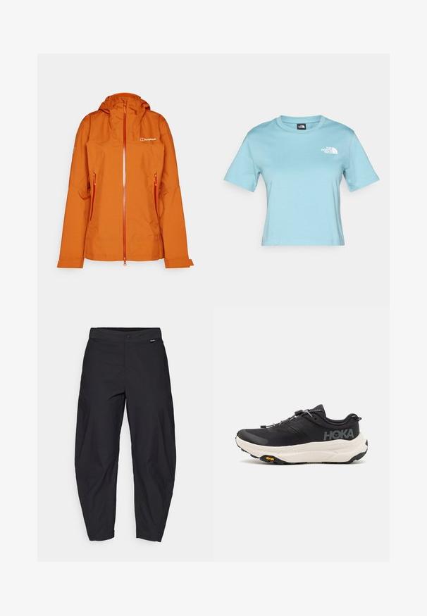 Narančasta vodootporna jakna s kapuljačom, prednjim patentnim zatvaračem i dva bočna džepa. Ima glatku teksturu i logotip brenda na prsima.; Svijetloplava pamučna majica s kratkim rukavima i okruglim izrezom. Ima mali bijeli logo na prsima i ležeran kroj.; Crne, široke hlače s kopčanjem na dugme i bočnim džepovima, prikazane na bijeloj pozadini.; Crne atletske cipele s prozračnom mrežicom na gornjem dijelu, gumenim potplatom, bijelim amortizirajućim srednjim dijelom i reflektirajućim vezicama. Vibram logo na potplatu.