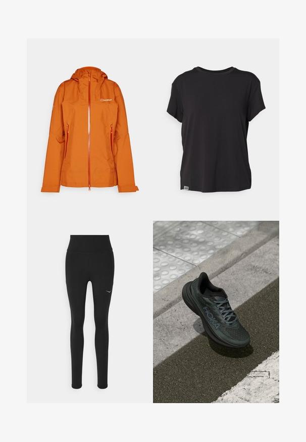 Oranžová nepromokavá bunda s kapucí, předním zipem a dvěma bočními kapsami. Má hladkou texturu a logo značky na hrudi.; Černé tričko s krátkým rukávem vyrobené z měkké tkaniny, s kulatým výstřihem a malou nášivkou s logem na dolním levém lemu.; Černé legíny s vysokým pasem vyrobené z pružného materiálu. Obsahují malé bílé logo na levé straně a detaily na bočních švech.; Černá běžecká bota s síťovaným svrškem, texturovanými akcenty a logem, s polstrovanou podrážkou a šedými tkaničkami, umístěná na chodníku.