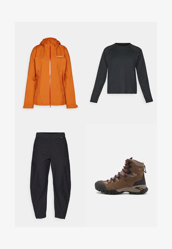 Giacca impermeabile arancione con cappuccio, cerniera frontale e due tasche laterali. Presenta una texture liscia e il logo del marchio sul petto.; Maglietta nera a maniche lunghe in tessuto brevettato e testurizzato. Presenta un collo a giro e un orlo arrotondato, ideale per l'abbigliamento sportivo.; Pantaloni neri, larghi, con chiusura a bottone e tasche laterali, presentati su uno sfondo bianco.; Stivale da trekking impermeabile marrone con tomaia texturizzata, solida sistema di lacci e suola Vibram per la trazione. Presenta accenti in rete e dettaglio del logo.