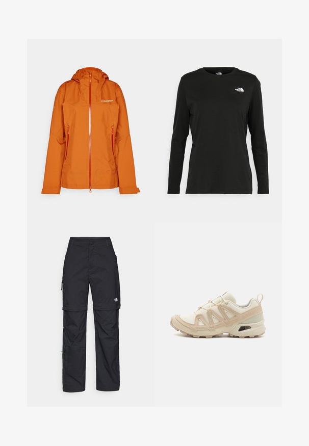 Orange waterproof jacket with a hood, front zipper, and two side pockets. Features a smooth texture and the brand logo on the chest.; Black long-sleeve t-shirt made of cotton with a round neck. Features a small white logo on the left chest area. Simple design and fit.; Black nylon zip-off cargo trousers with adjustable cuffs, multiple pockets, and a logo on the right leg. Smooth, lightweight texture.; Beige and cream athletic shoe with textured mesh upper, supportive overlays, and rubber outsole featuring a tread pattern for traction.