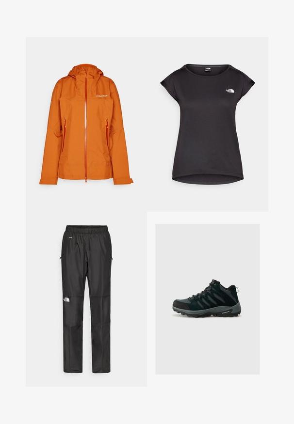 Narancssárga vízálló dzseki kapucnival, elülső cipzárral és két oldalsó zsebbel. Simább textúrával rendelkezik, és a mellkason található a márka logója.; The North Face TANKEN TANK - Sportfelső - black; Fekete vízálló nadrág könnyű anyagból, rugalmas derékkal, oldalsó zsebekkel és logóval a bal lábon.; Columbia REDMOND - Túracipők - black/citron haze