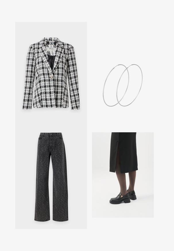 Melnā un baltā kvadrātveida žakete, izgatavota no teksturēta auduma, ar ieliektu apkakli, vienu pogu aizdari un garām piedurknēm.; Melnā bodija ar garām piedurknēm, piedāvā ar caurspīdīgu V-veida kakla izgriezumu un savāktu plecu detaļu. Gluda auduma, ar pieguļošu formu.; Noisy May NMJANNEL LOOSE - Brīva piegriezuma džinsi - black denim; Melni ādas apavi ar noapaļotu purngalu, biezām bloku papēžiem un elastīgiem sānu akcentiem, apvienoti ar tumšām zeķubiksēm un melnu svārku ar šķirbu.; Sudraba gredzenveida auskari ar minimālistisku dizainu. Cirkulāra forma, gluda tekstūra un plāns profils. Vieglu svaru ar spīdīgu apdari.