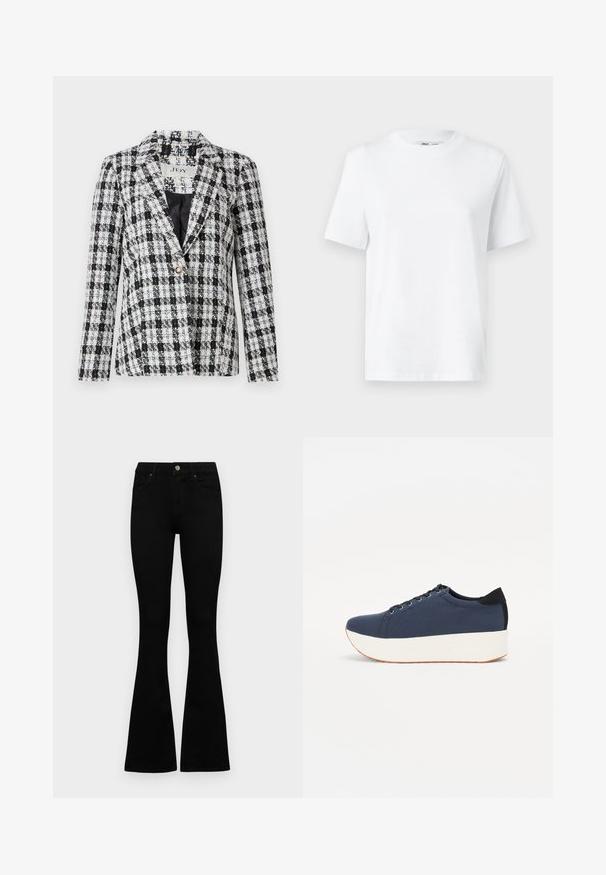Fekete-fehér kockás zakó, texturált anyagból, éles nyakkivágással, egy gombos zárással és hosszú ujjakkal.; Fehér pamut környakú póló, rövid ujjakkal és sima textúrával. Kényelmes és sokoldalú, laza szabással készült.; Fekete, magas derekú farmernadrág gomb- és cipzárzárral, elülső zsebekkel és harangszárral, laposan egy fehér háttérre terítve.; Sötétkék sportcipő, texturált szövet felsőrész, fehér platform talp, lekerekített orr és fekete sarok akcentussal. Hat fűzőlyuk található rajta.