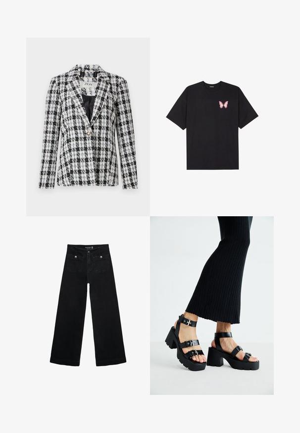 Blazer a scacchi bianco e nero realizzato in tessuto testurizzato, con rever a punta, chiusura con un bottone singolo e maniche lunghe.; T-shirt nera in cotone con maniche corte, caratterizzata da una piccola grafica di una farfalla rosa sul lato sinistro del petto. Design a girocollo con una vestibilità rilassata.; Jeans neri a gamba larga con vita alta, dotati di due tasche frontali e dettagli in metallo sui bottoni. Il tessuto ha una texture liscia.; Sandali neri con piattaforma, suole chunky e tassellate, dotati di molteplici cinturini, con fibbie in metallo e un texture simile alla pelle liscia.