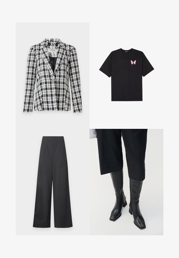 Black and white checkered blazer made of textured fabric, featuring a notched collar, single button closure, and long sleeves.; Black cotton t-shirt with short sleeves, featuring a small pink butterfly graphic on the left chest. Crew neck design with a relaxed fit.; High-waisted, wide-leg trousers in dark gray fabric with a smooth texture. Features no visible pockets or embellishments.; Black leather knee-high boots with a square toe and a block heel. Features a side zipper and smooth texture.
