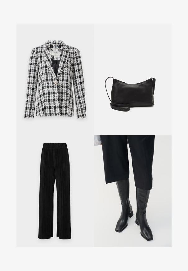 Black and white checkered blazer made of textured fabric, featuring a notched collar, single button closure, and long sleeves.; Black short-sleeve t-shirt with a relaxed fit, featuring a smooth texture and a crew neckline. Lightweight fabric with a subtle sheen.; Black pleated trousers with an elastic waistband. Features wide legs and a smooth, textured fabric with vertical stripes.; Black leather knee-high boots with a square toe and a block heel. Features a side zipper and smooth texture.; Black leather shoulder bag with a smooth texture, curved shape, adjustable strap, and a zip closure. Minimalist design without embellishments.