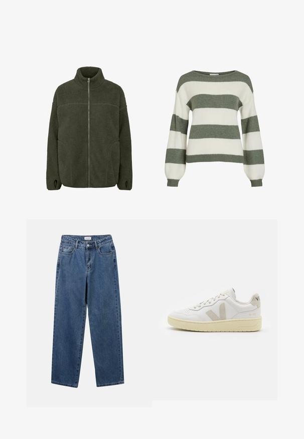 Tumes roheline fliiskate, kõrge kaelusega, täieliku esizipiga, küljetaskutega ja pöidlahauguga. Pehme tekstuur ja mugav lõige.; Roheline ja valge triibuline kampsun, mis on jalakate ja laiemate varrukatega, ning ääred on soonikuga. Valmistatud pehmest ja tekstuuritud kootud materjalist.; Klassikalised sinised denimists teksad otsejalaga disainiga, viie taskuga ja nööbisuletusega. Omab keskmist pesu ja tugevat tekstuuri.; Valge nahast tenniseking, millel on beežist siidist aktsent ja aukudega varvas, lame paelad ja tekstureeritud koorevärvi tallad. Omab nüansirikast brändimist kannal.