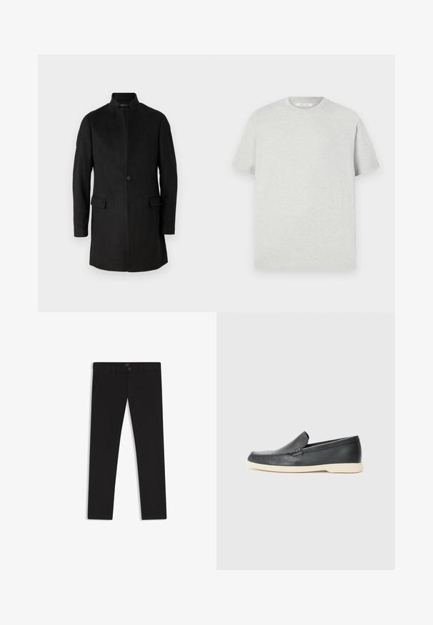 Cappotto in misto lana nero con colletto alto, chiusura frontale a bottoni e due tasche laterali. Vestibilità sartoriale con una texture liscia.; T-shirt grigio chiaro a maniche corte realizzato in materiale morbido, con collo rotondo e vestibilità comoda, privo di motivi o accenti visibili.; Pantaloni neri realizzati in tessuto con una superficie liscia. Presentano una chiusura con bottone, passanti per cintura e tasche laterali. Design a gamba dritta standard.; Mocassini neri in pelle con finitura testurizzata e suola in gomma beige a contrasto. Presentano un accento sottile lungo la parte anteriore.