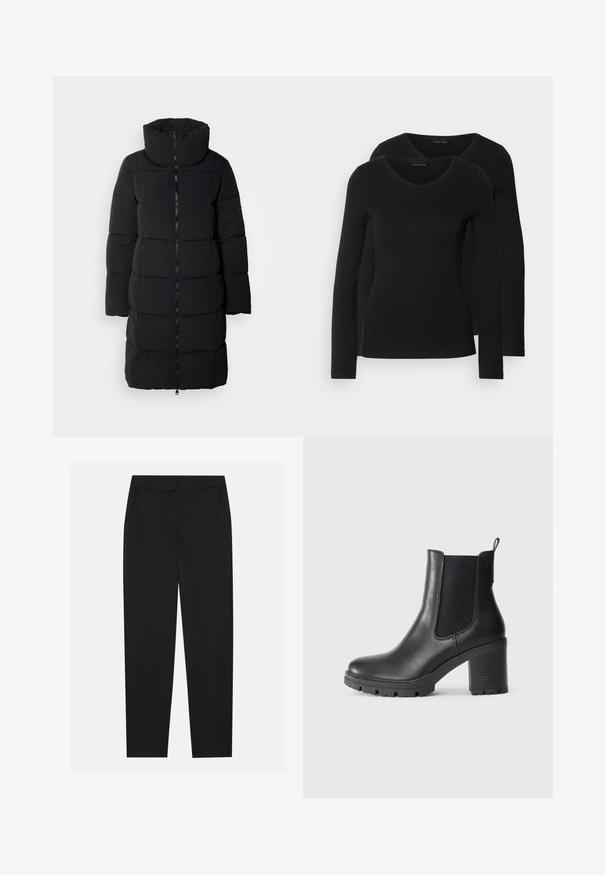 Ecoalf WOMAN - Vinterkåpe / -frakk - black; To svarte langermede skjorter med V-halsdesign, laget av mykt, elastisk stoff, viser jevn tekstur og en tettsittende fasong.; Sorte bukser med skreddersydd design, med sidelommer og rett ben. Laget av glatt, lett stoff med en elegant finish.; Sorte lær ankle boots med elastiske sidepaneler, tykk gummisåle og høy blokkhæl. Har en løfletapp bak.