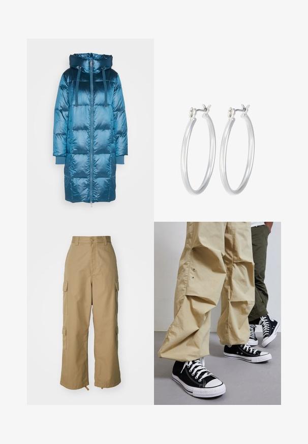 Mos Mosh JACKET - Kaput ispunjen paperjem - bluesteel; Bjela rebrasta majica bez rukava s okruglim izrezom i ravnim rubom, koja ima glatku i rastezljivu teksturu.; Bež cargo hlače visokog struka, širokih nogavica i četiri velika bočna džepa. Napravljene su od izdržljivog materijala s glatkom teksturom i minimalnim detaljima.; Crne platnene visoke tenisice s bijelim gumeniranim potplatima, u kombinaciji s laganim bež širokim hlačama koje imaju bočne džepove i opušteni kroj.; Srebrne kružne naušnice s glatkom, poliranom površinom. Okrugli oblik i sigurno kopčanje na klik. Lagani dizajn pogodan za svakodnevno nošenje.