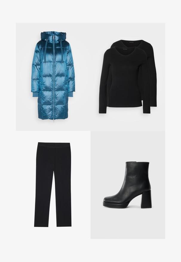 Mos Mosh JACKET - Pūkinis paltas - bluesteel; Du į juodas ilgomis rankovėmis marškiniai su V formos iškirpte, pagaminti iš minkštos, tamprios medžiagos, rodantys lygią tekstūrą ir prigludusią formą.; Juodos kelnės su tiesiu kirpimu, turinčios šonines kišenes ir lygią audinio tekstūrą. Minimaliai detalizuotos, švarus liemuo.; Juodas odinis kulkšninis botas su bloku ir platformos padu, matomas šoniniu vaizdu ant balto fono.