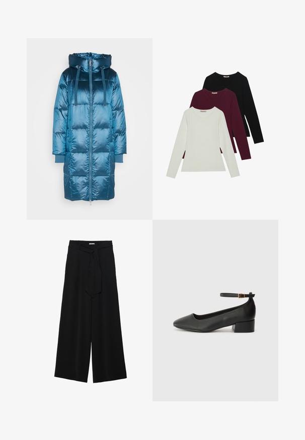 Mos Mosh JACKET - Casaco de penas - bluesteel; T-shirts de manga longa nas cores branca, burgundy e preta. Feitos de um tecido suave com decote redondo e design ajustado. Adequados para sobreposições.; Calças largas pretas com um tecido texturizado, uma cintura elástica e um laço destacável na cintura para um ajuste ajustável.; Sandal de pele preta com bico pontiagudo e um salto bloco baixo. Apresenta uma tira no tornozelo com uma fivela em tom dourado. Textura suave.