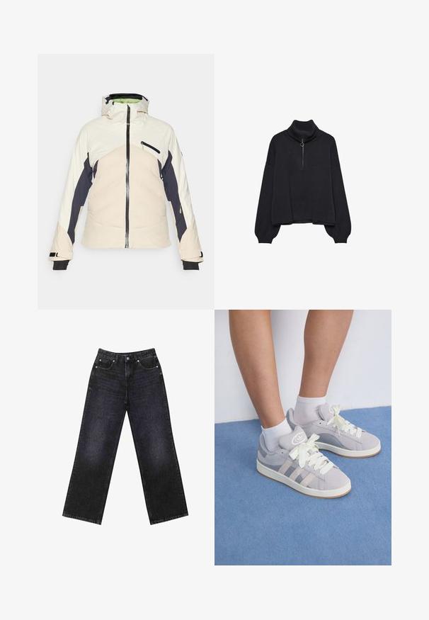 Padded-Jacke in Creme, Marineblau und zartem Rosa. Verfügt über einen Reißverschluss vorne, eine verstellbare Kapuze und zwei Reißverschluss-Seitentaschen. Schwarze Bündchen.; Schwarzer Rollkragenpullover mit einem halbseitigen Reißverschluss an der Vorderseite, übergroßen Ärmeln und weichem Material. Mit geripptem Kragen und Saum. Minimalistisches Design.; Hoch taillierte schwarze Jeans aus Denim mit weitem Bein, Fünf-Taschen-Design und sichtbaren Nähten. Der Stoff hat eine glatte, leicht strukturierte Oberfläche.; Graue Wildleder-Sneaker mit weißen Schnürsenkeln und Gummisohle, die drei diagonale Streifen an der Seite und ein Logo-Patch auf der Zunge aufweisen.